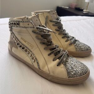 Golden Goose White Leather High-Top Sneakers with Silver Glitter Trim